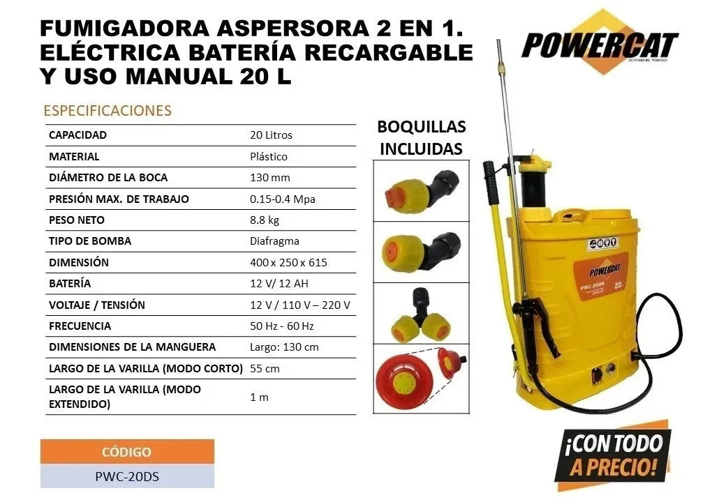 Aspersora Batería Eléctrica Y Manual 20l Pwc20 Powercat F023 Color Amarillo